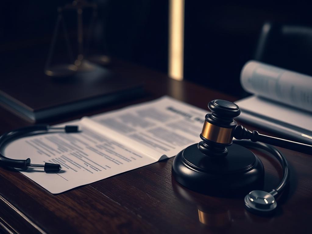 Documentos jurídicos, martelo e estetoscópio sobre mesa